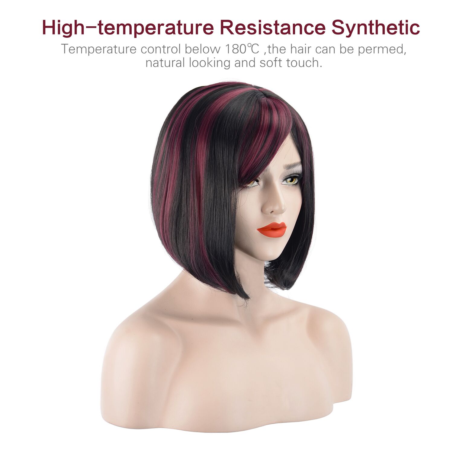 Hawkko Bob Straight Wig Short Wigs For Women Heat Resist Cospaly Party Daily Hair Wig(Black and Red)